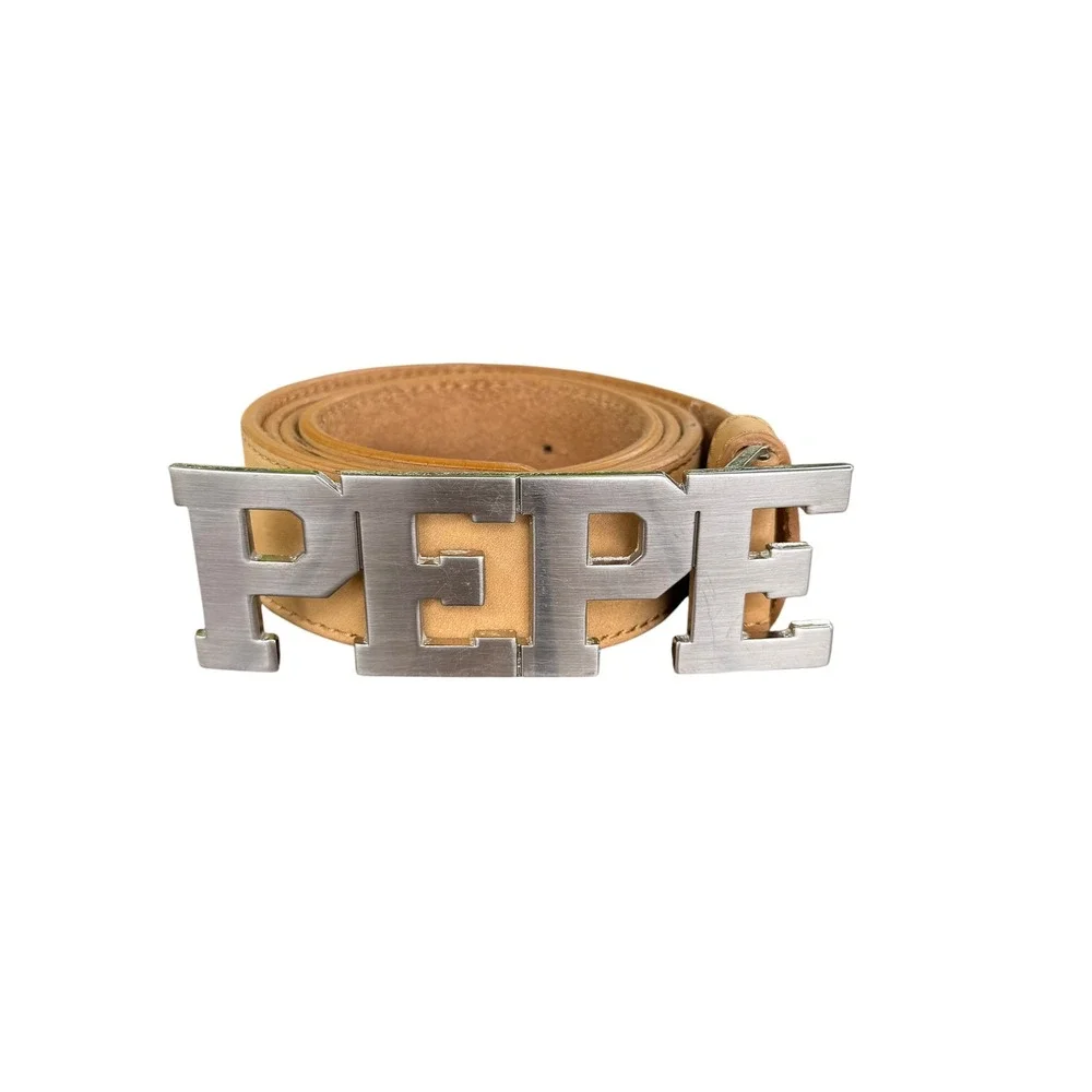 Pepe Jeans London Tan Italian Leather Belt Large PEPE Buckle P3001 Mens 36